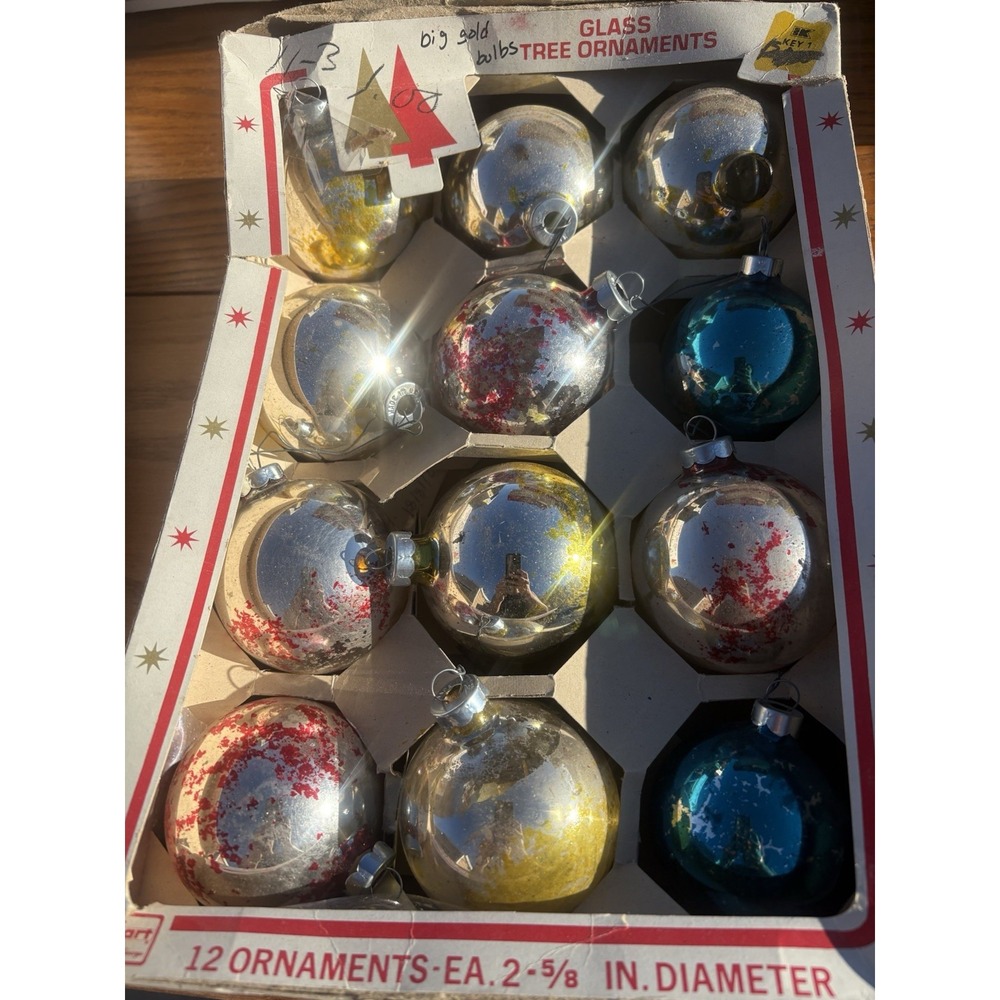 Vintage Christmas Ornaments KMart 48 Balls Made in USA Teal Gold Silver Red